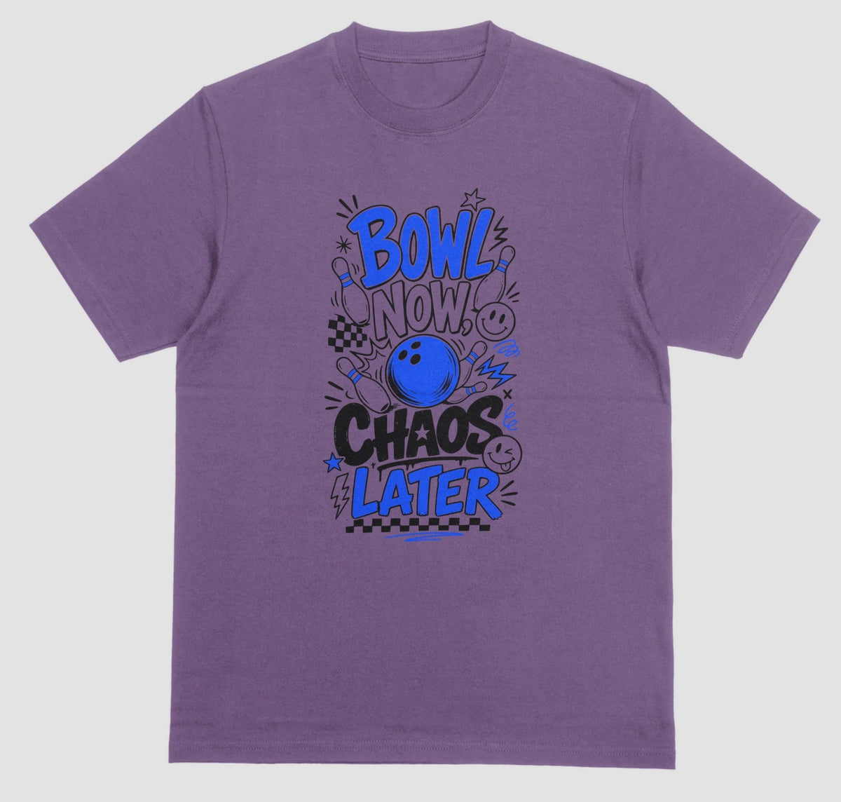 A purple short-sleeve crewneck t-shirt featuring a playful bowling doodle design on the front with the text 'BOWL NOW CHAOS LATER' | Where We Play Apparel