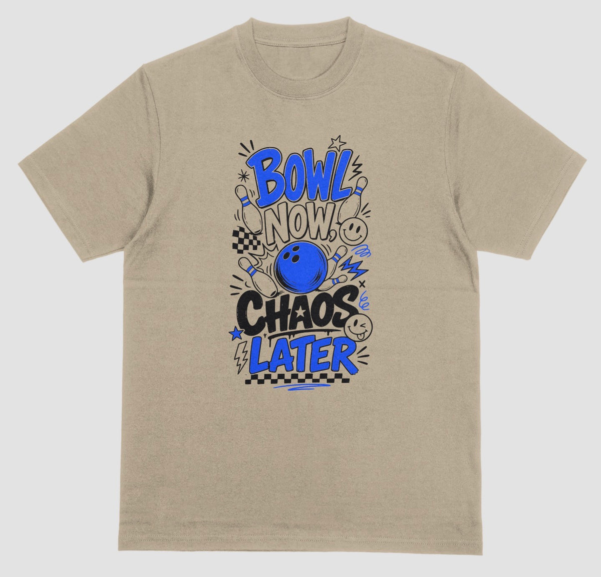A prairie dust short-sleeve crewneck t-shirt featuring a playful bowling doodle design on the front with the text 'BOWL NOW CHAOS LATER' | Where We Play Apparel