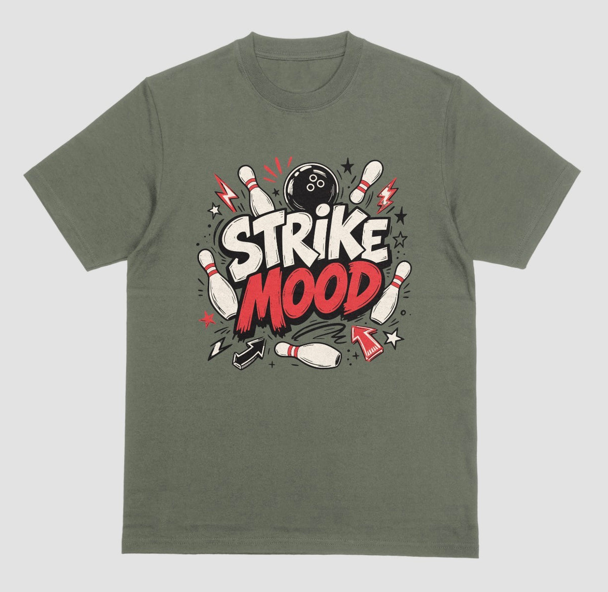 An military green short-sleeve t-shirt with a bowling-themed graphic on the chest that reads 'STRIKE MOOD' featuring a bold bowling design | Where We Play Apparel
