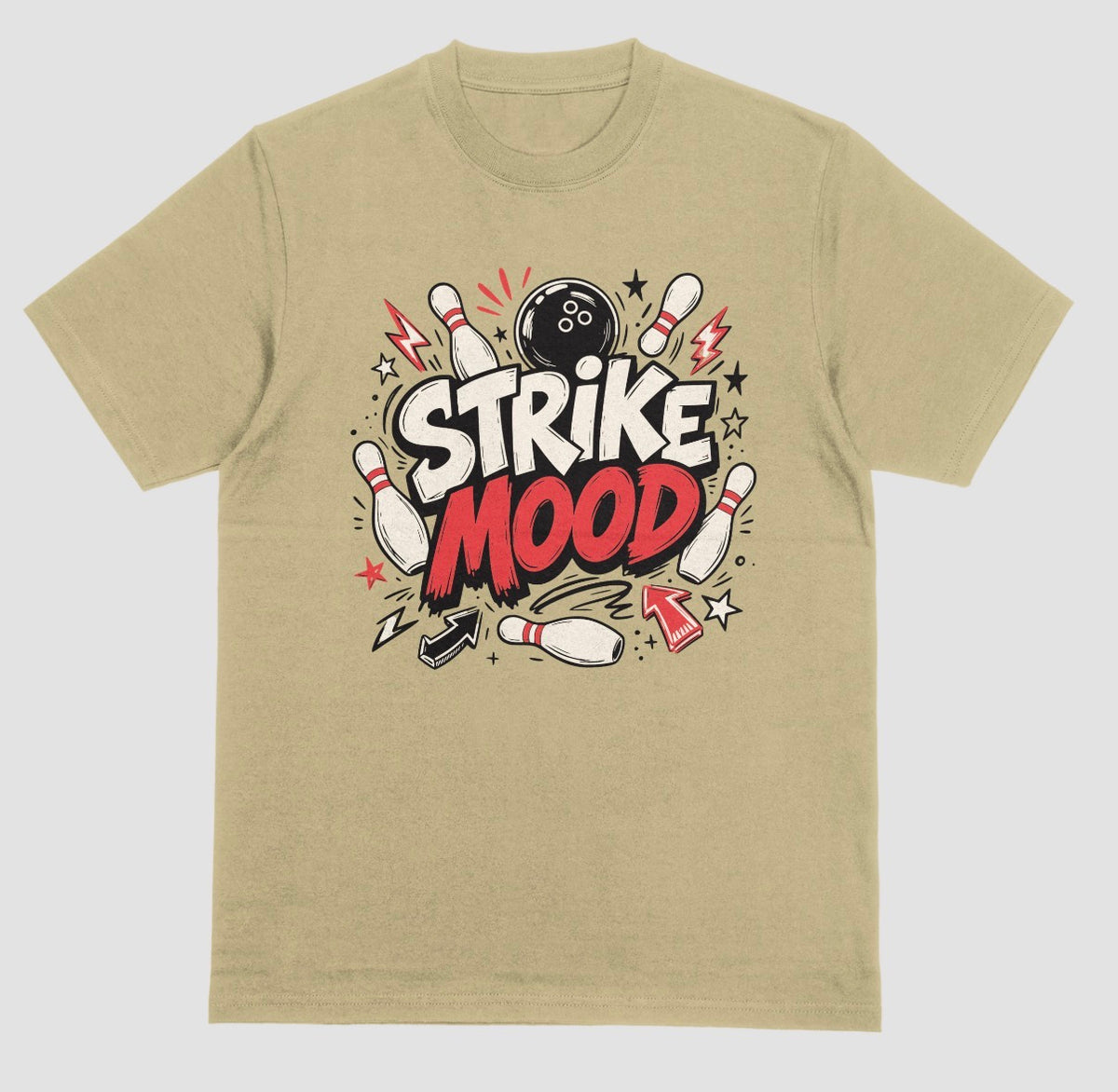 A sand color short-sleeve t-shirt with a bowling-themed graphic on the chest that reads 'STRIKE MOOD' featuring a bold bowling design | Where We Play Apparel