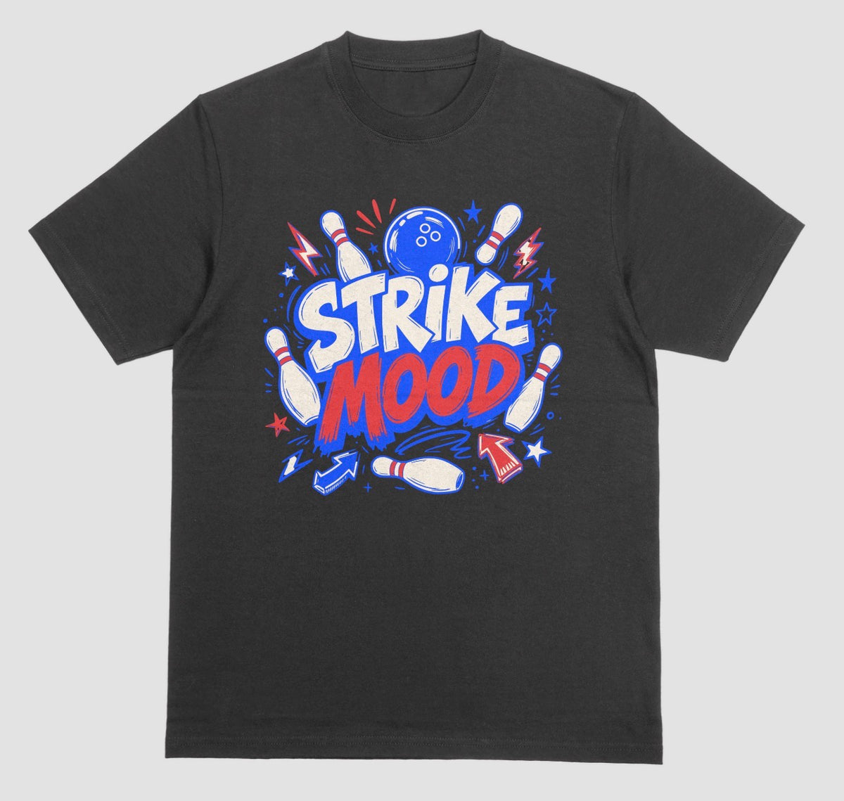 A black short-sleeve t-shirt with a bowling-themed graphic on the chest that reads 'STRIKE MOOD' featuring a bold bowling design | Where We Play Apparel