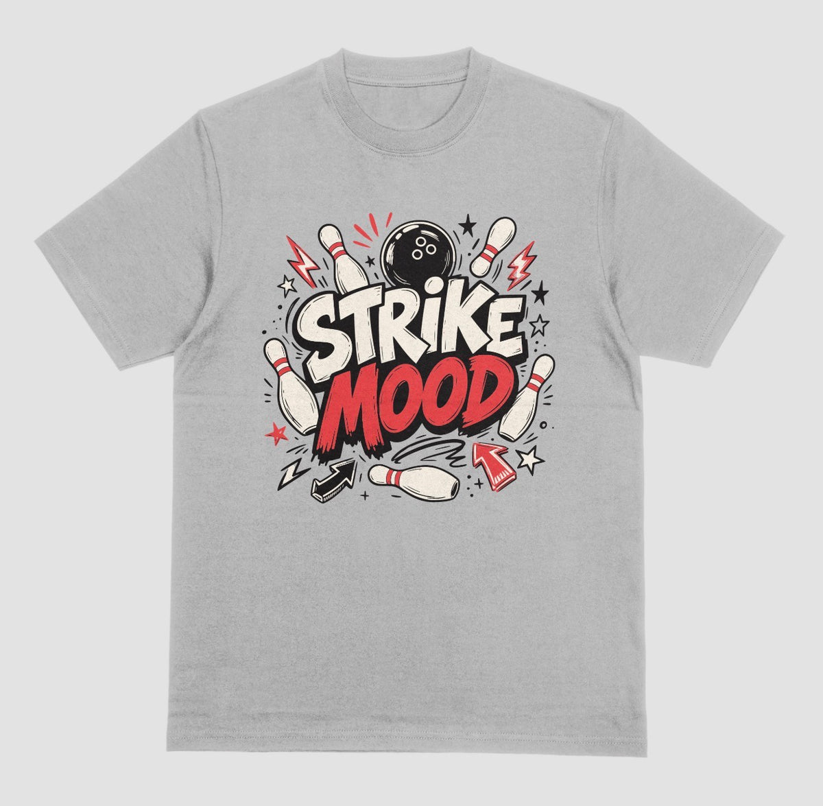 A light grey short-sleeve t-shirt with a bowling-themed graphic on the chest that reads 'STRIKE MOOD' featuring a bold bowling design | Where We Play Apparel