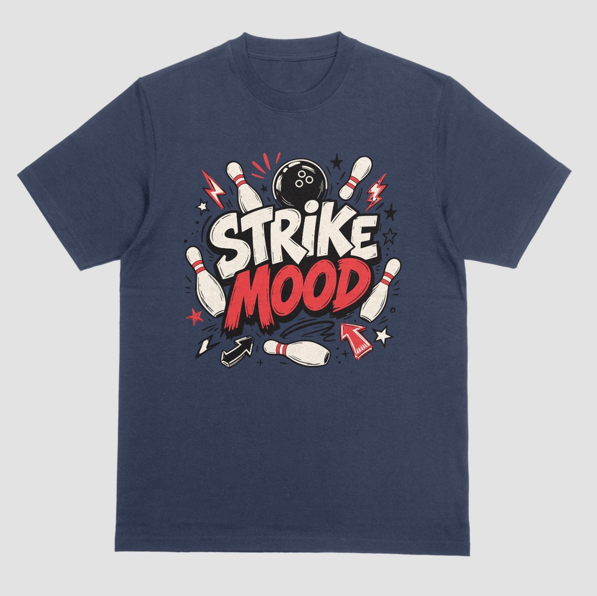 A navy blue short-sleeve t-shirt with a bowling-themed graphic on the chest that reads 'STRIKE MOOD' featuring a bold bowling design | Where We Play Apparel