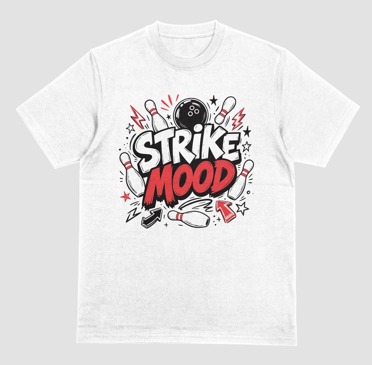 A white short-sleeve t-shirt with a bowling-themed graphic on the chest that reads 'STRIKE MOOD' featuring a bold bowling design | Where We Play Apparel