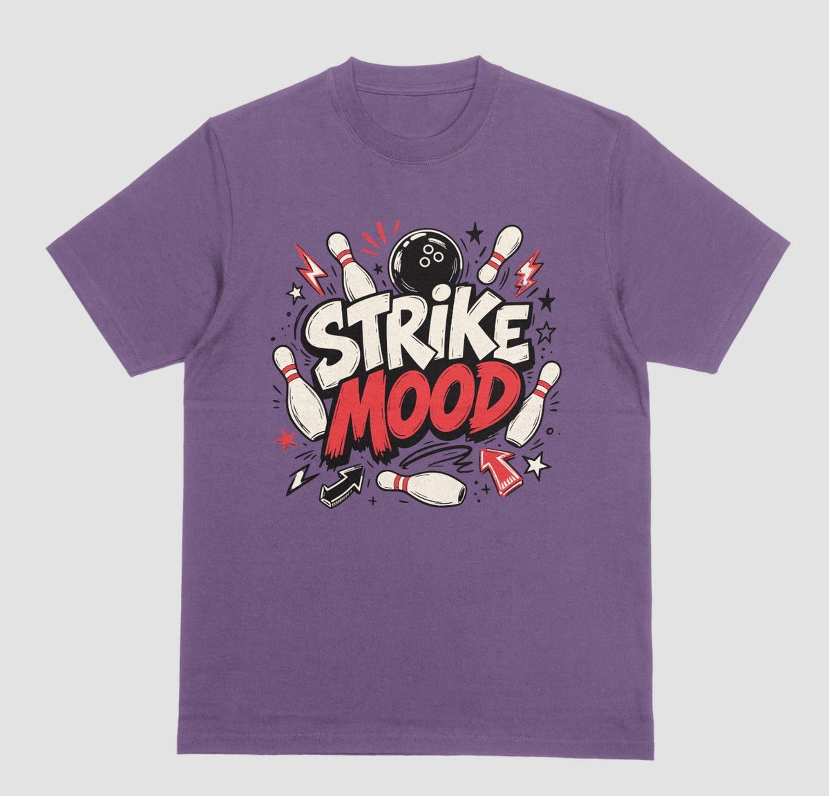 A purple short-sleeve t-shirt with a bowling-themed graphic on the chest that reads 'STRIKE MOOD' featuring a bold bowling design | Where We Play Apparel