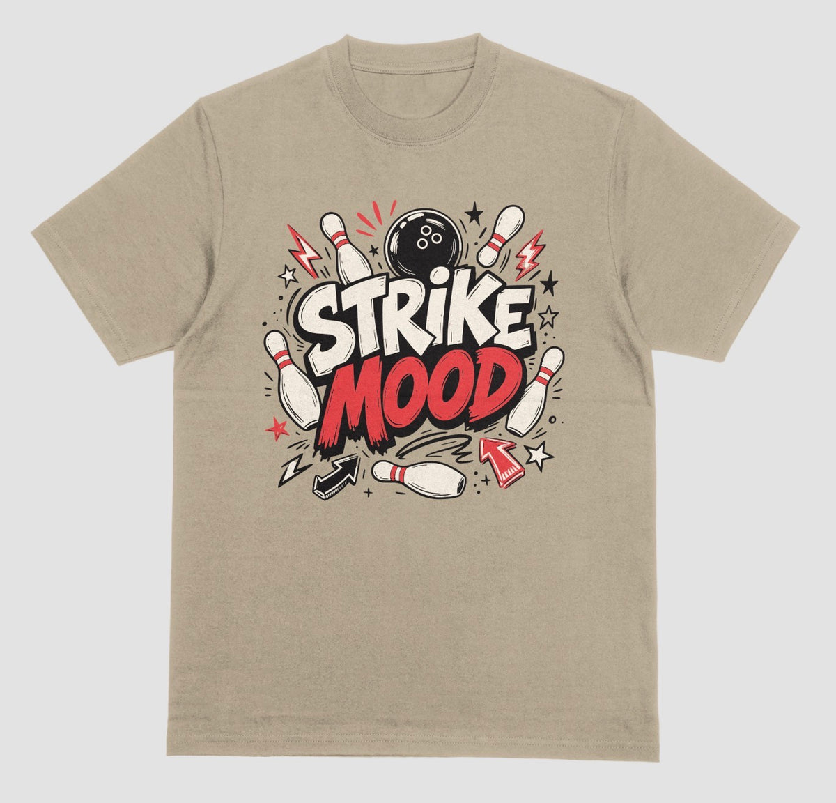 A prairie dust short-sleeve t-shirt with a bowling-themed graphic on the chest that reads 'STRIKE MOOD' featuring a bold bowling design | Where We Play Apparel