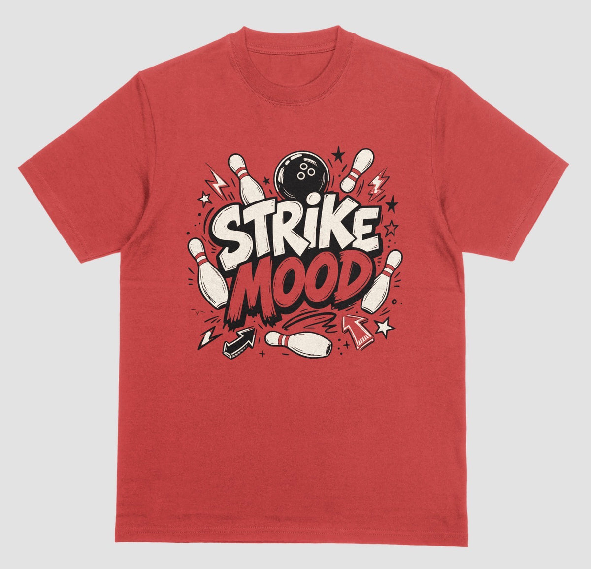A red short-sleeve t-shirt with a bowling-themed graphic on the chest that reads 'STRIKE MOOD' featuring a bold bowling design | Where We Play Apparel