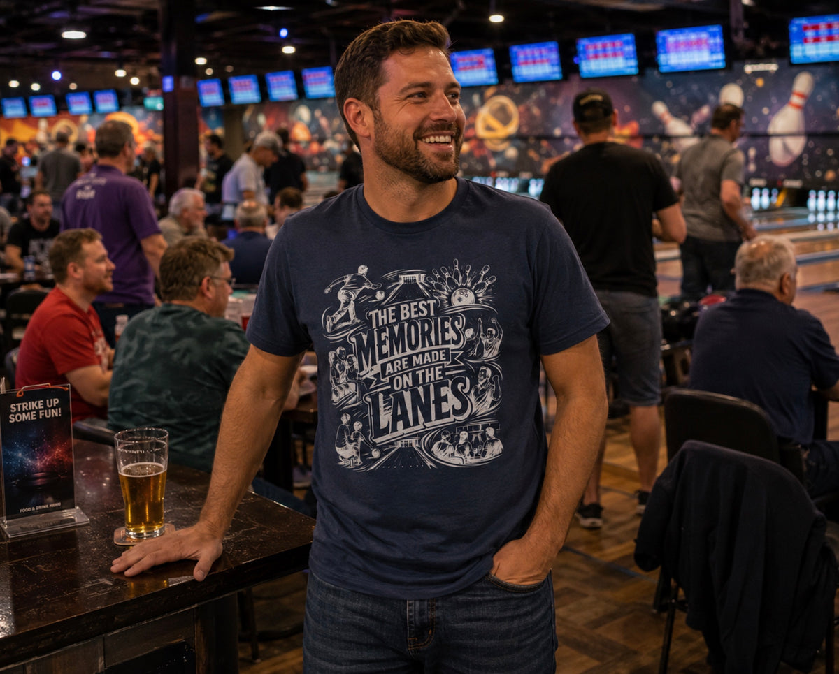 A man smiling in a bowling alley, wearing a navy blue graphic t-shirt that reads 'THE BEST MEMORIES ARE MADE ON THE LANES'.