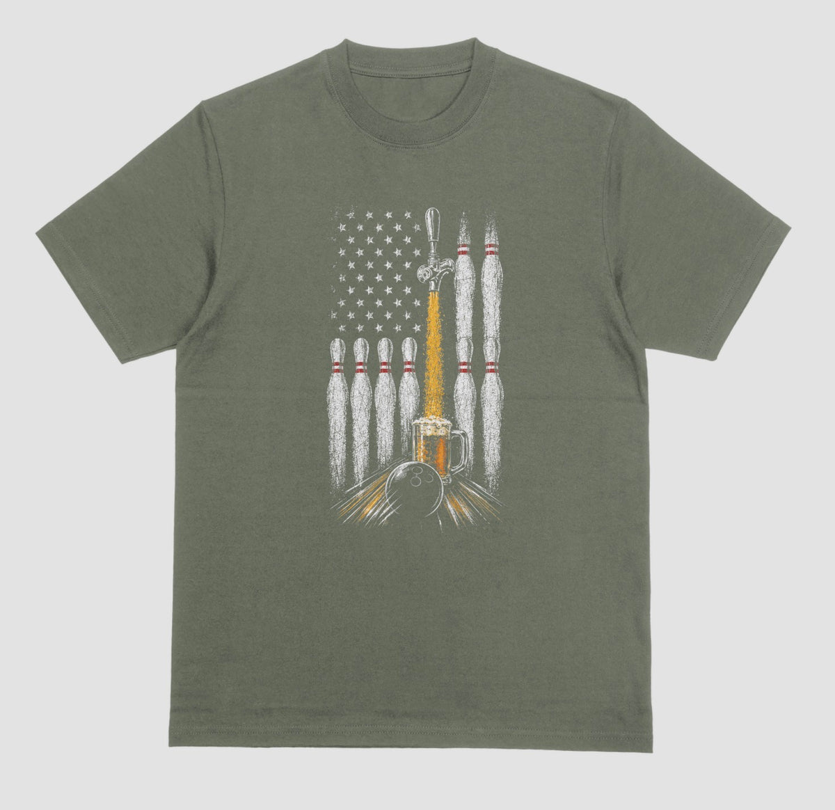 A military green crewneck t-shirt featuring a graphic print of bowling pins, a bowling ball, a beer mug, and an American flag on the front.