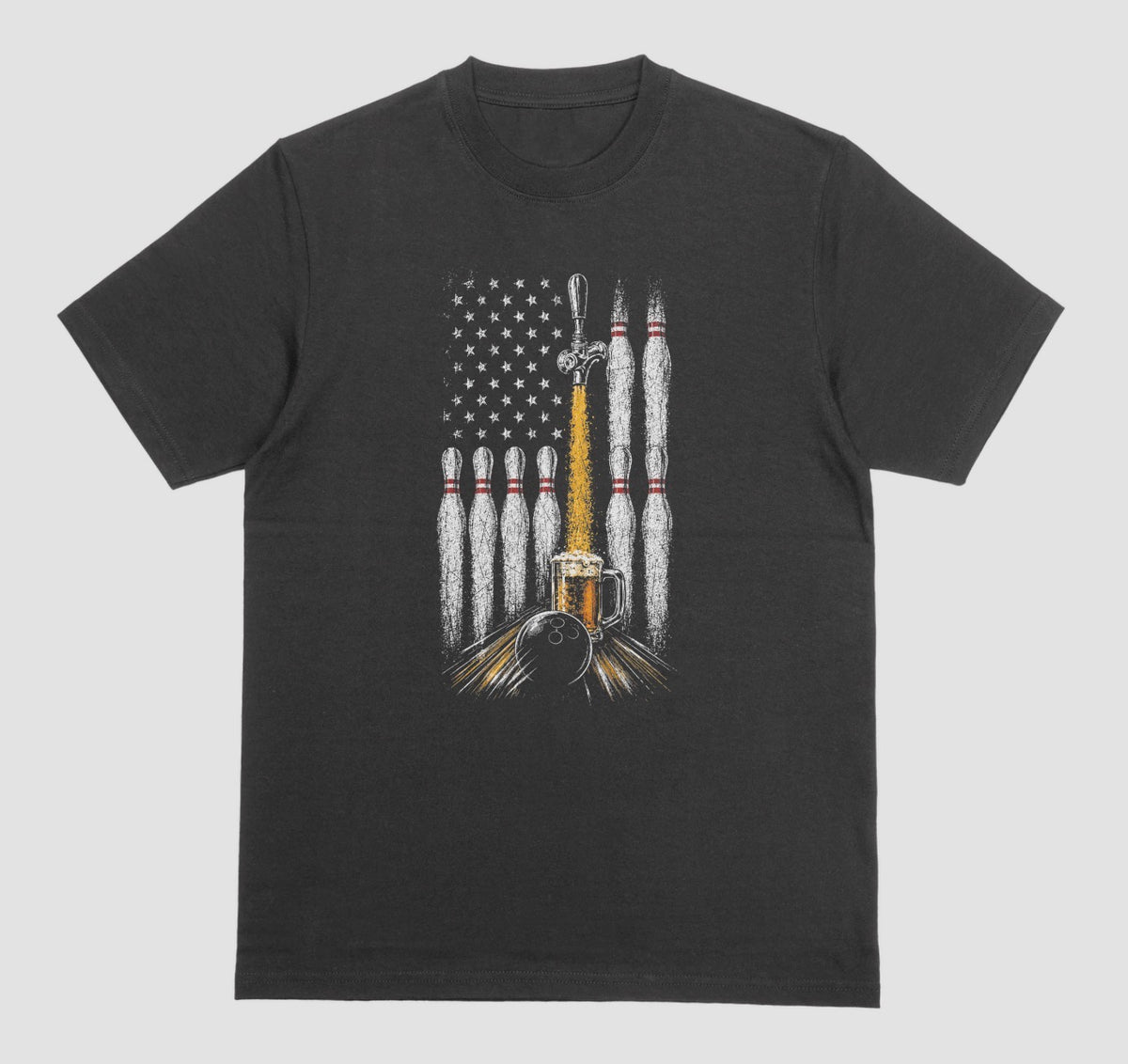 A black crewneck t-shirt featuring a graphic print of bowling pins, a bowling ball, a beer mug, and an American flag on the front.