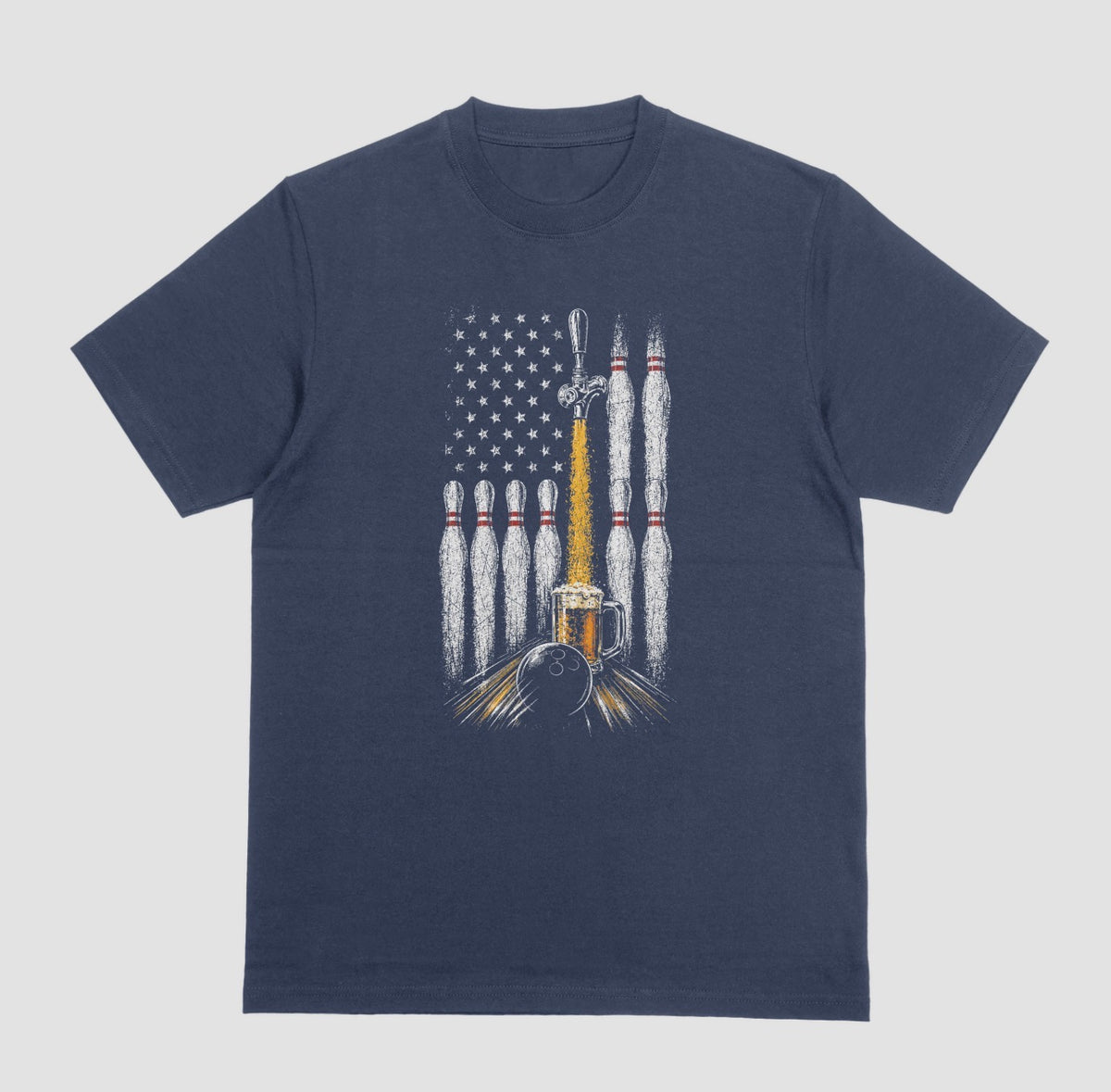 A navy blue crewneck t-shirt featuring a graphic print of bowling pins, a bowling ball, a beer mug, and an American flag on the front.