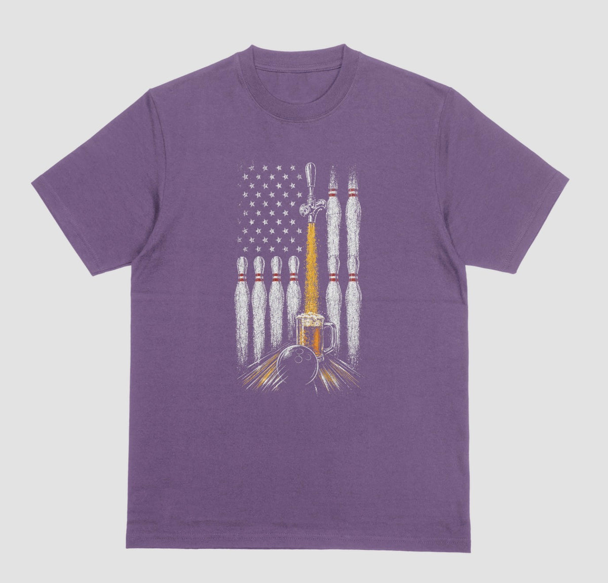 A purple crewneck t-shirt featuring a graphic print of bowling pins, a bowling ball, a beer mug, and an American flag on the front.
