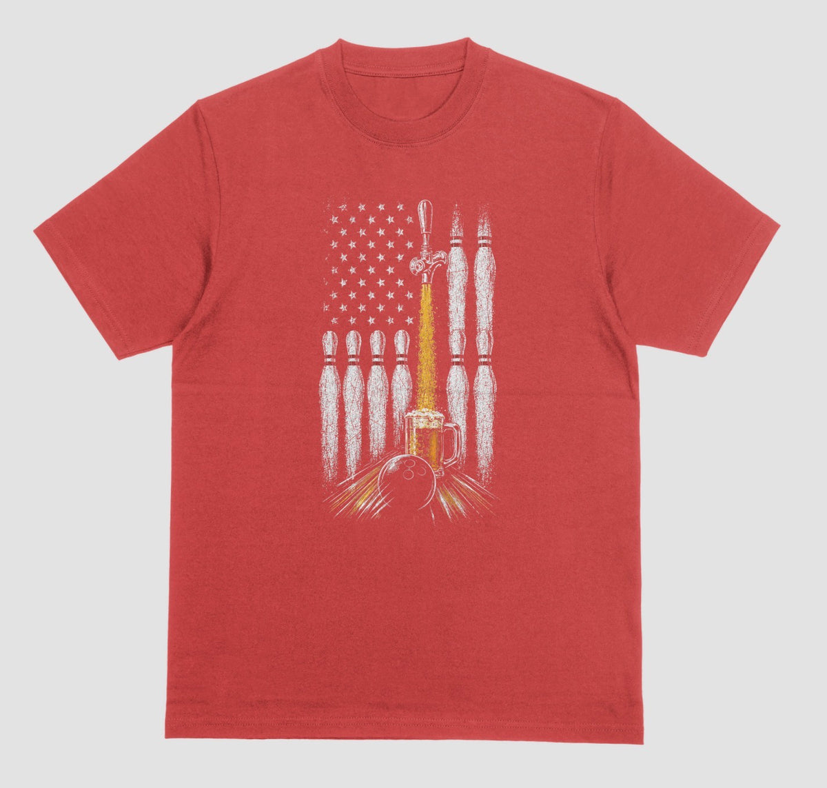 A red crewneck t-shirt featuring a graphic print of bowling pins, a bowling ball, a beer mug, and an American flag on the front.