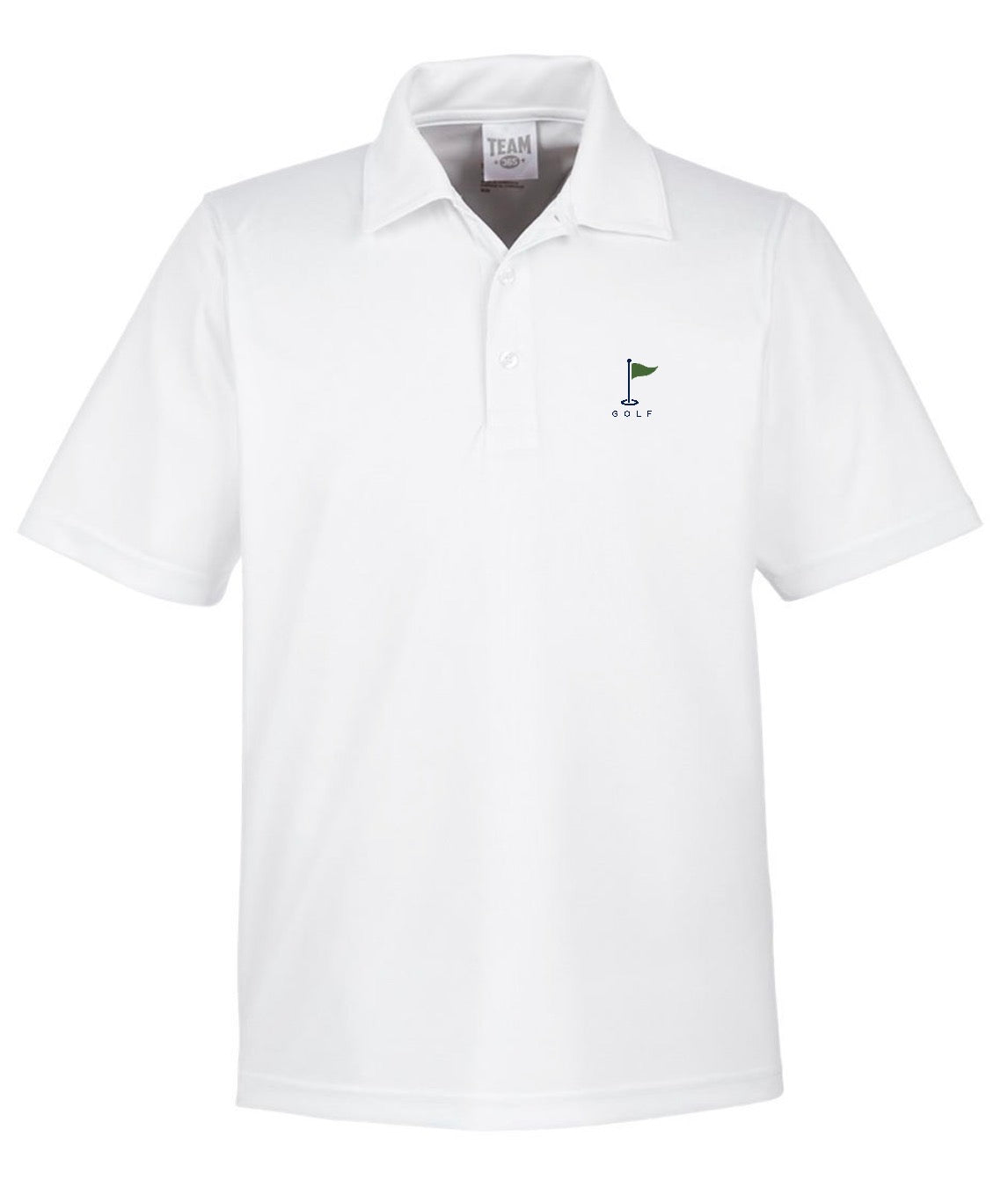 A white short-sleeve polo shirt with a small golf flag logo on the left chest, displayed on a clean white background.