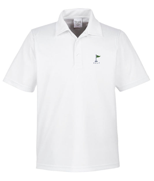 A white short-sleeve polo shirt with a small golf flag logo on the left chest, displayed on a clean white background.
