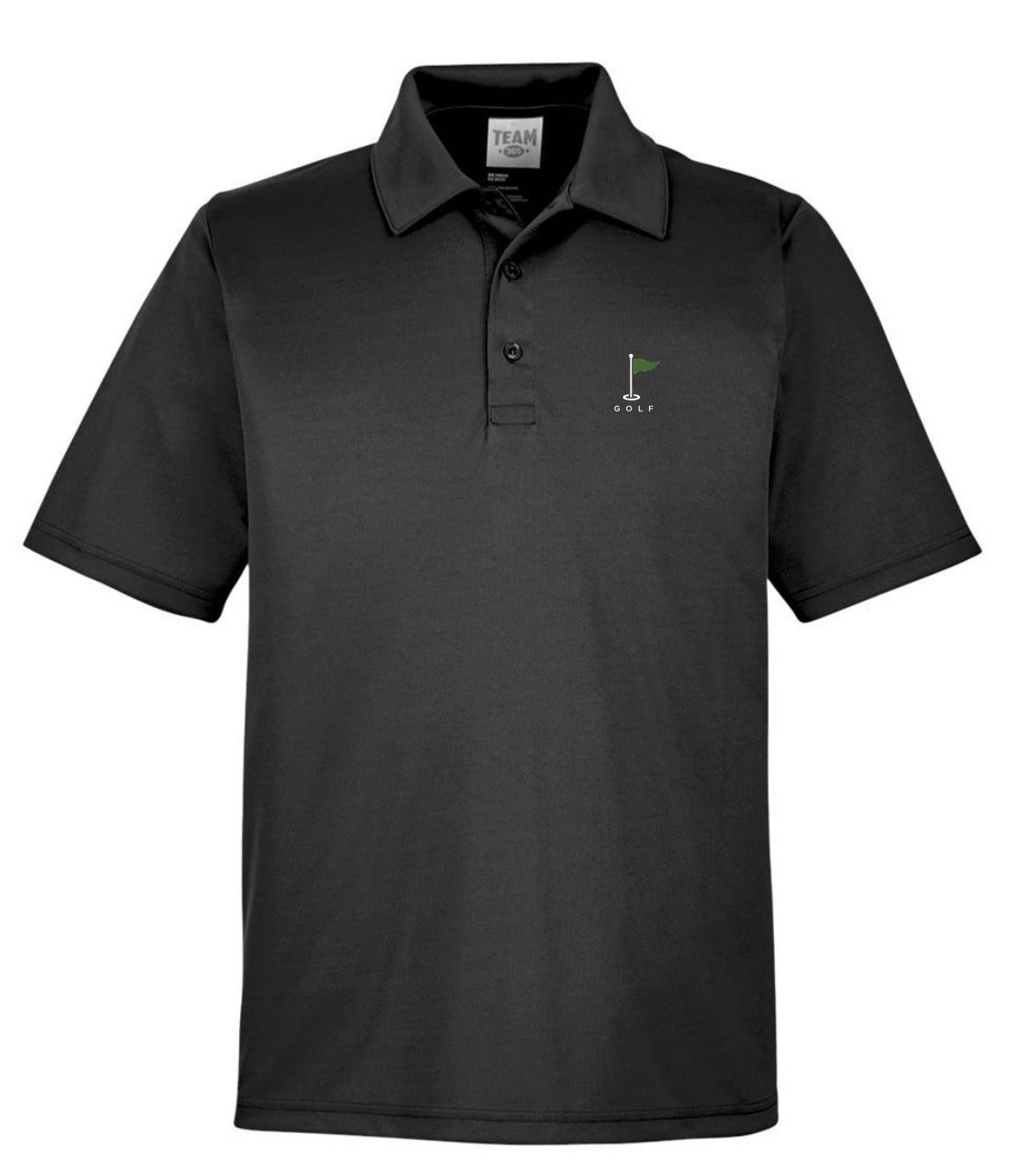 A black short-sleeve polo shirt with a small golf flag logo on the left chest.