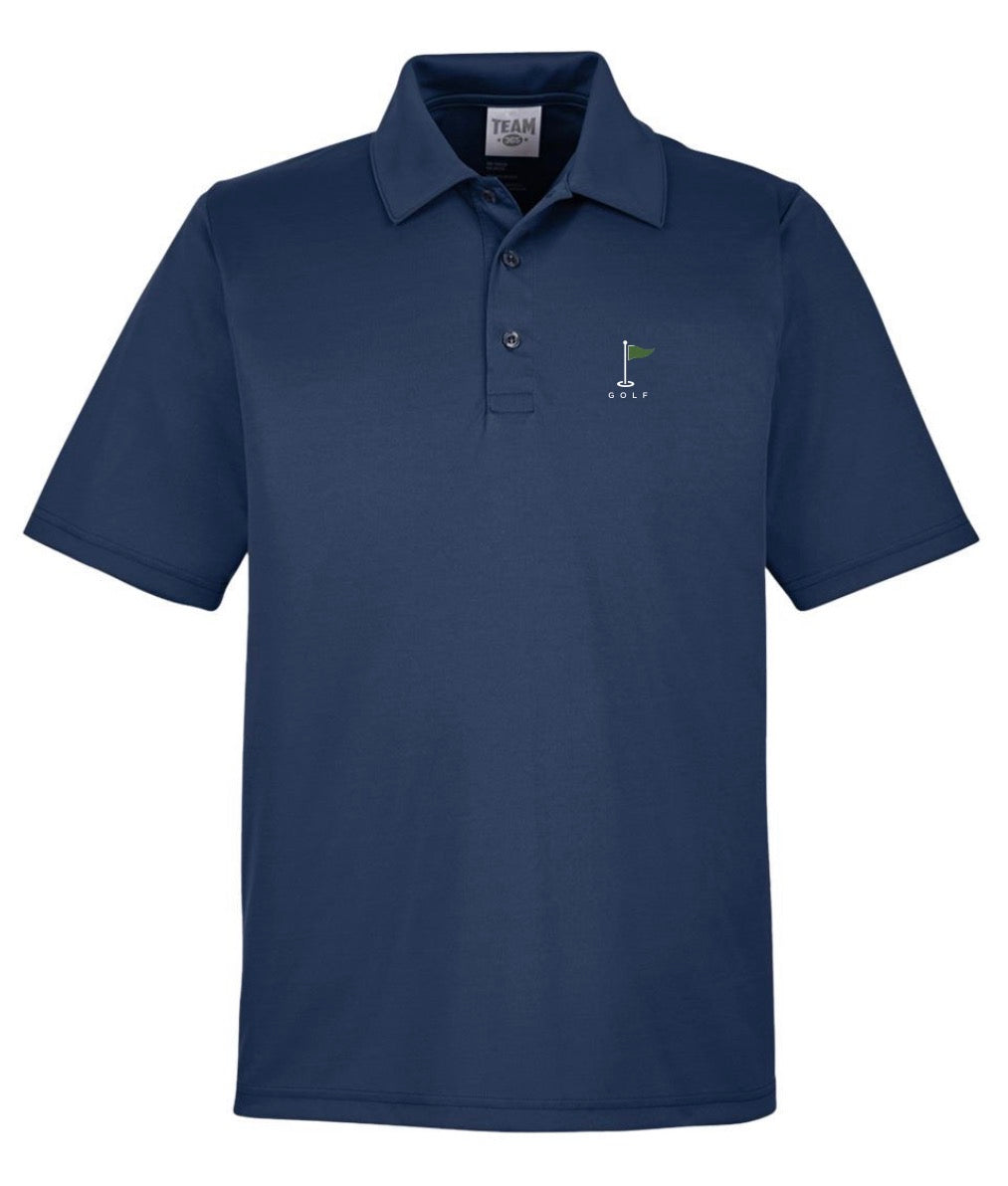 A navy blue short-sleeve polo shirt with a small golf flag logo on the left chest.
