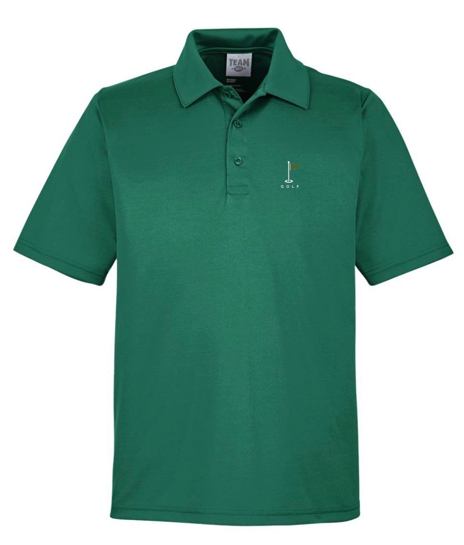 a dark green short-sleeve polo shirt with a small golf flag logo on the left chest.