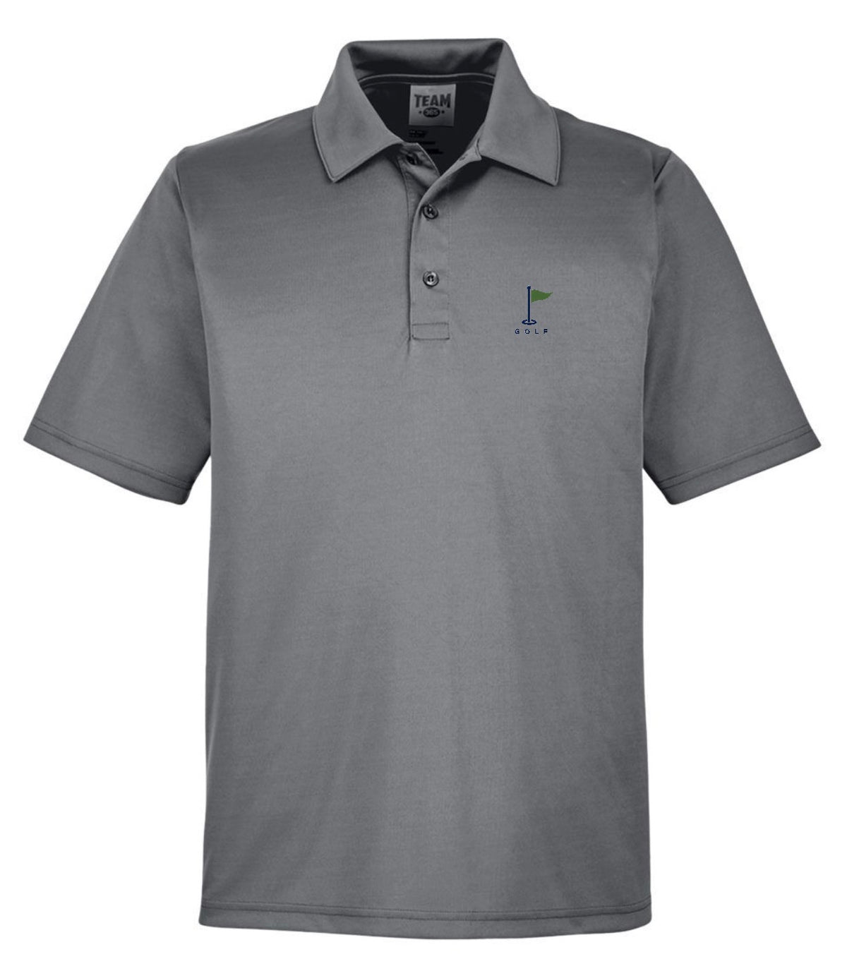 A grey short-sleeve polo shirt with a small golf flag logo on the left chest.