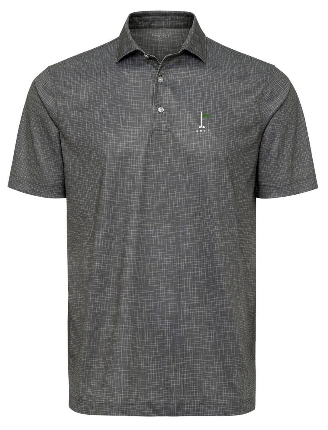 A dark grey short-sleeve Premium Golf Performance Polo shirt in a light blue and white micro-check pattern, featuring a green golf flag and GOLF lettering from Where We Play Apparel