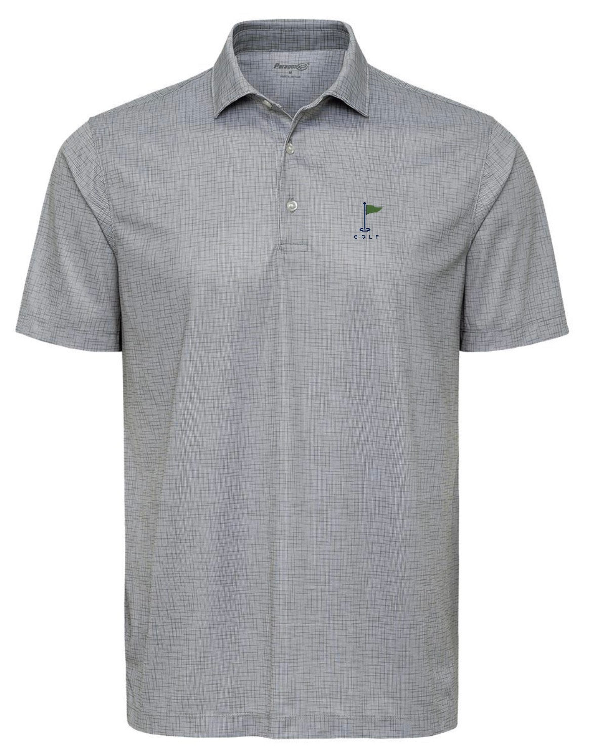 A light grey short-sleeve Premium Golf Performance Polo shirt in a light blue and white micro-check pattern, featuring a green golf flag and GOLF lettering from Where We Play Apparel