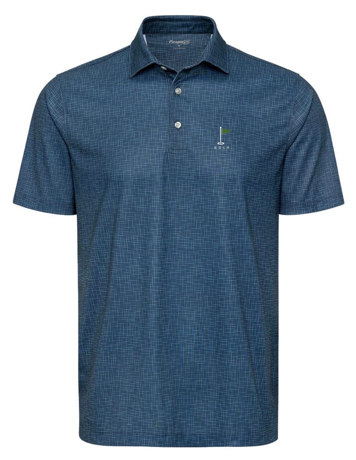 A navy short-sleeve Premium Golf Performance Polo shirt in a light blue and white micro-check pattern, featuring a green golf flag and GOLF lettering from Where We Play Apparel