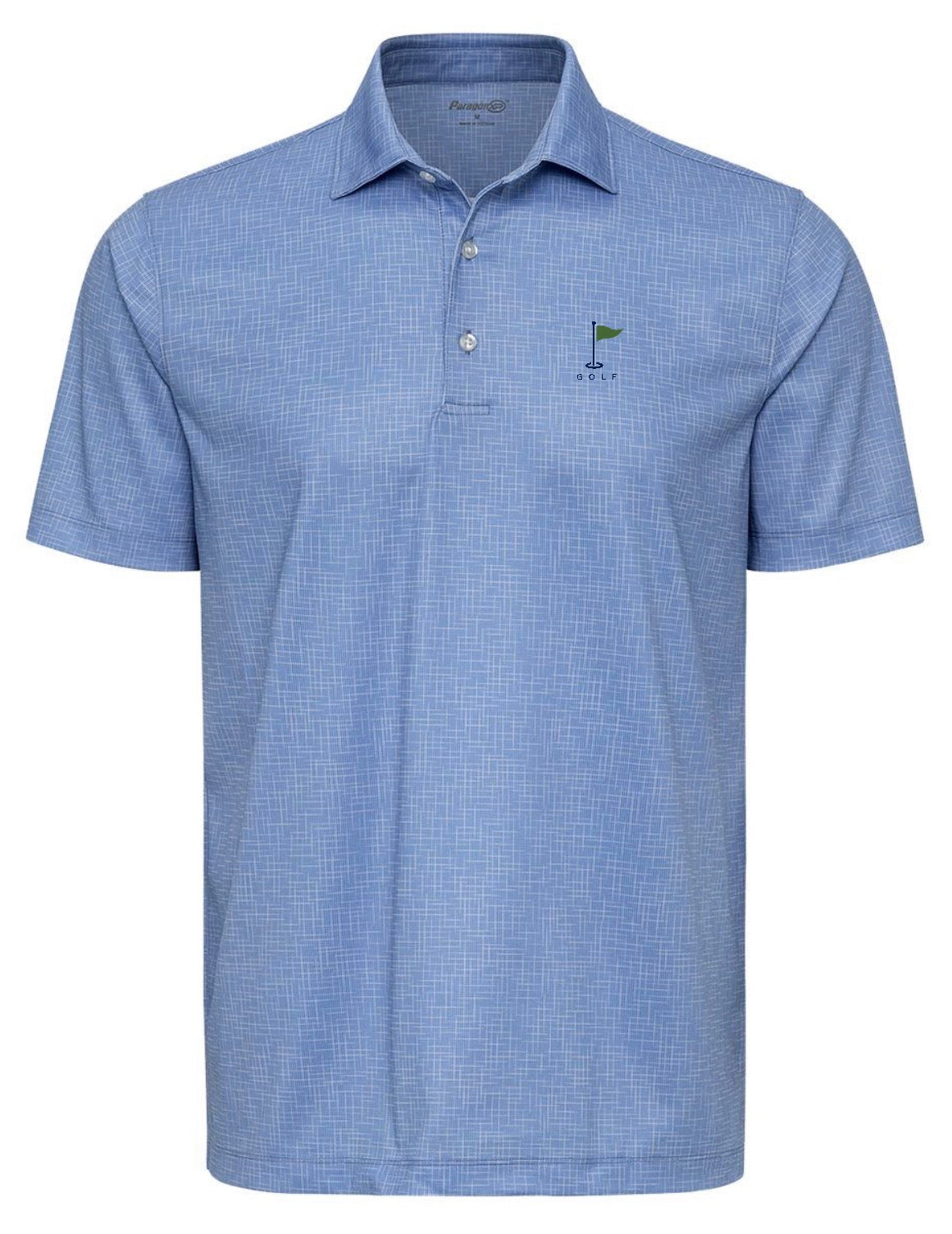A light blue short-sleeve Premium Golf Performance Polo shirt in a light blue and white micro-check pattern, featuring a green golf flag and GOLF lettering from Where We Play Apparel