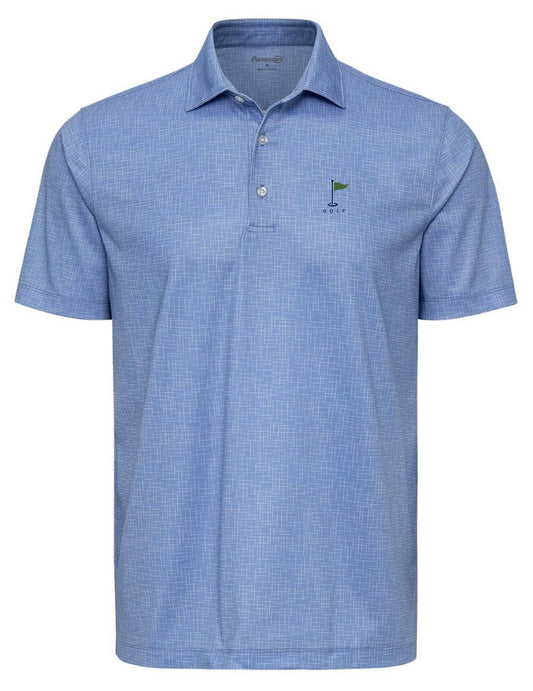 A light blue short-sleeve Premium Golf Performance Polo shirt in a light blue and white micro-check pattern, featuring a green golf flag and GOLF lettering from Where We Play Apparel
