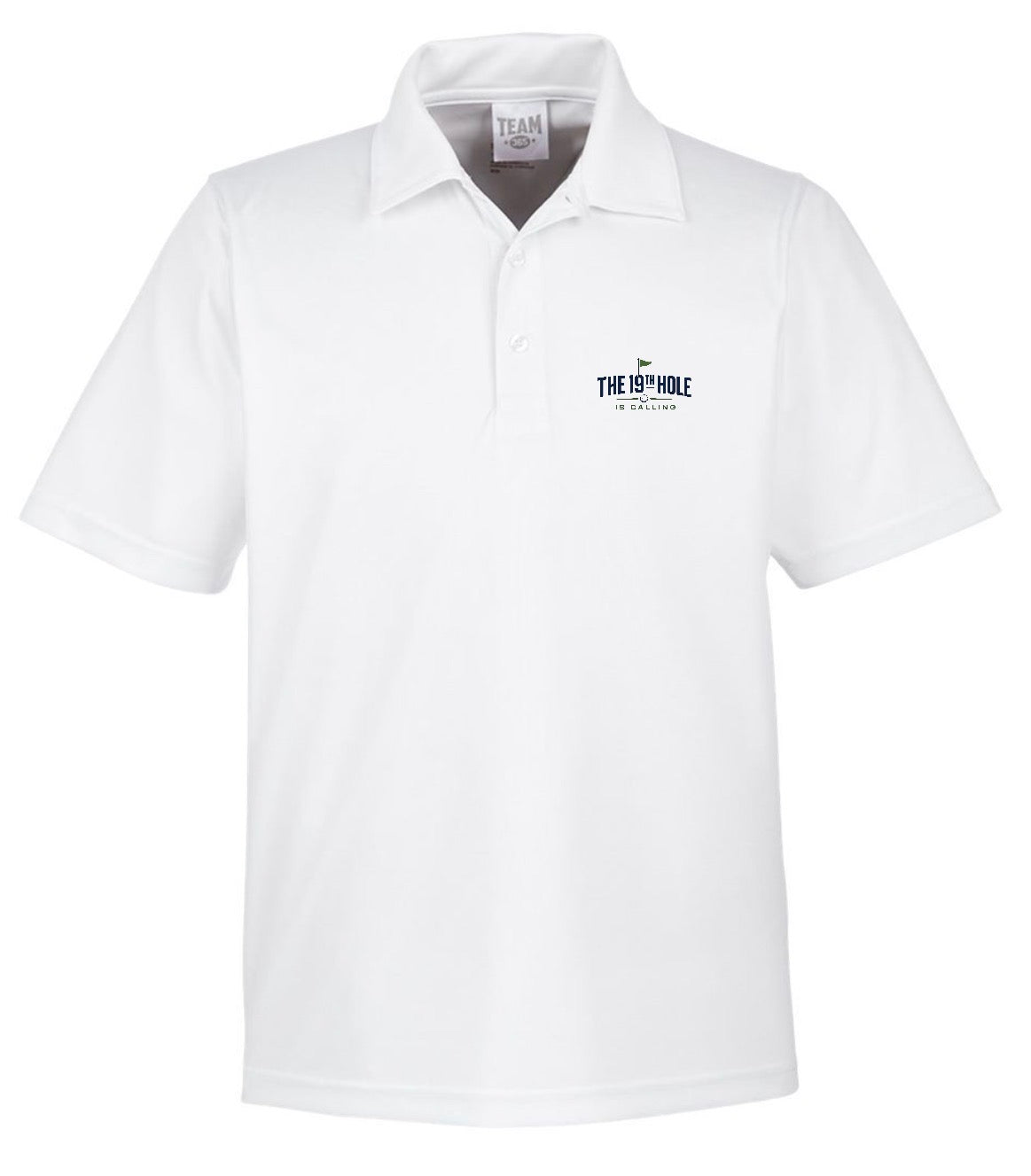 A white short-sleeve The 19th Hole Is Calling Golf Performance Polo featuring a golf-themed design by Where We Play Apparel