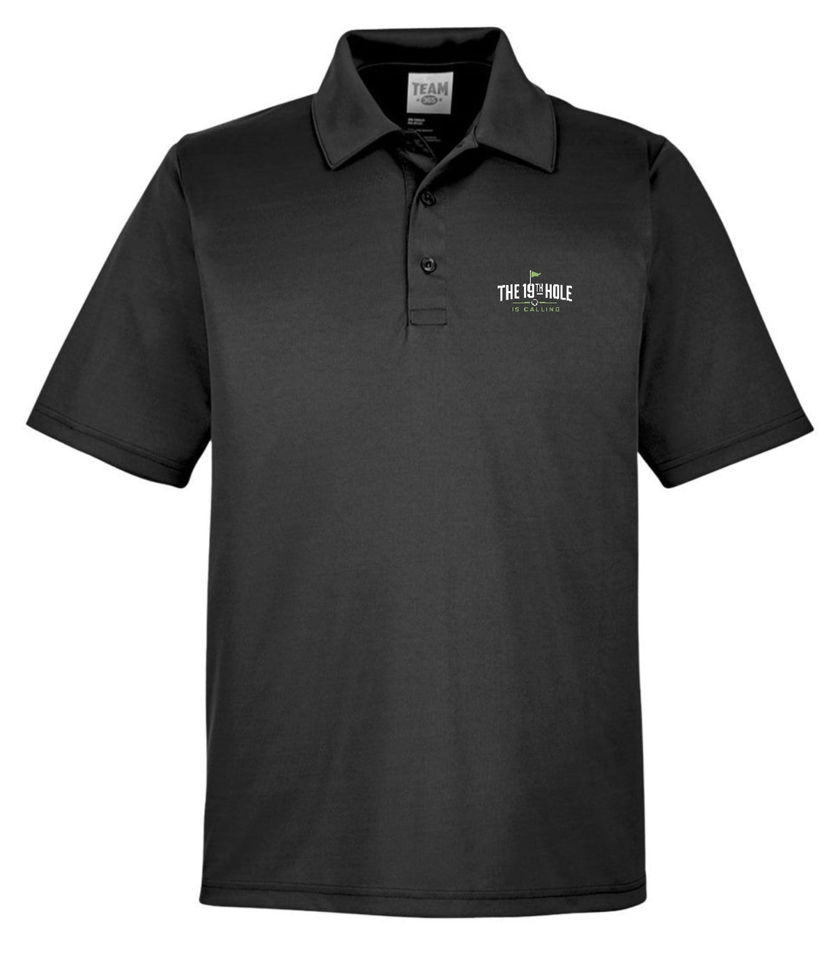 A black short-sleeve The 19th Hole Is Calling Golf Performance Polo featuring a golf-themed design by Where We Play Apparel