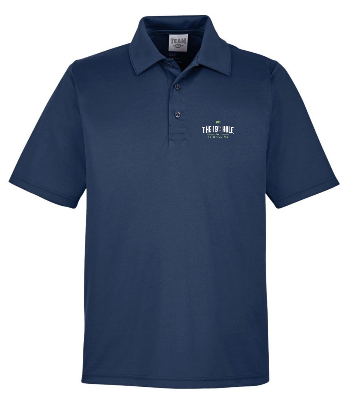 A navy blue short-sleeve The 19th Hole Is Calling Golf Performance Polo featuring a golf-themed design by Where We Play Apparel