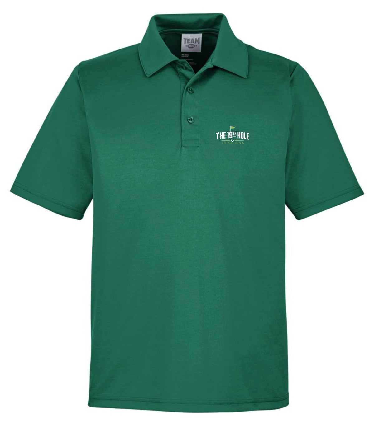 A dark green short-sleeve The 19th Hole Is Calling Golf Performance Polo featuring a golf-themed design by Where We Play Apparel