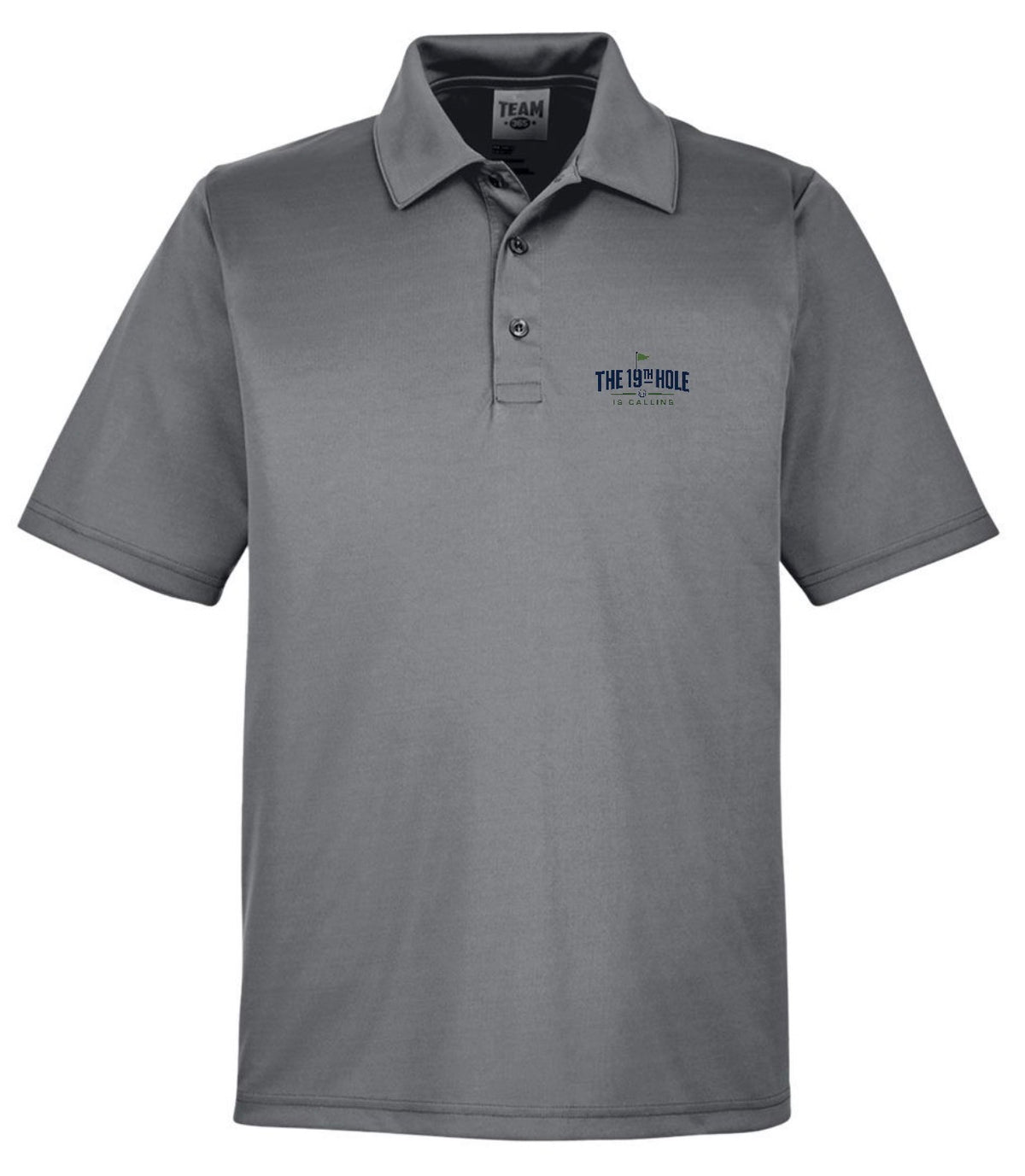 A grey short-sleeve The 19th Hole Is Calling Golf Performance Polo featuring a golf-themed design by Where We Play Apparel