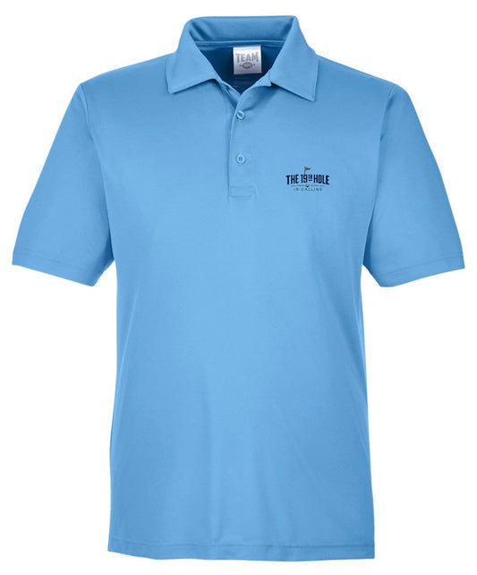 A light blue short-sleeve The 19th Hole Is Calling Golf Performance Polo featuring a golf-themed design by Where We Play Apparel