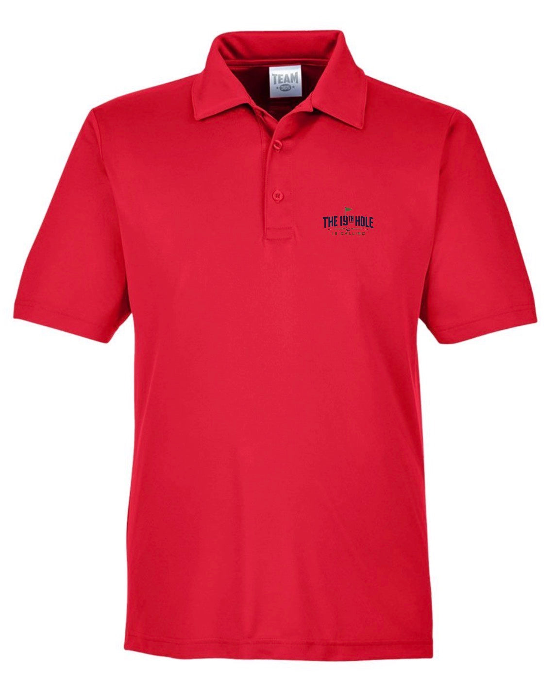 A red short-sleeve The 19th Hole Is Calling Golf Performance Polo featuring a golf-themed design by Where We Play Apparel