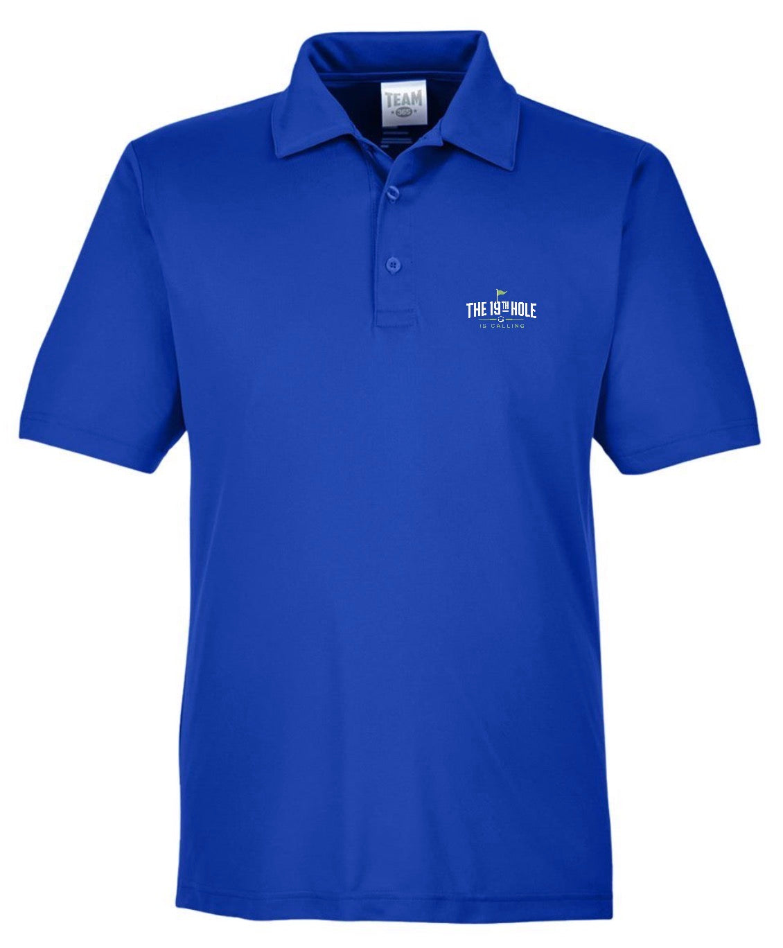 A royal blue short-sleeve The 19th Hole Is Calling Golf Performance Polo featuring a golf-themed design by Where We Play Apparel