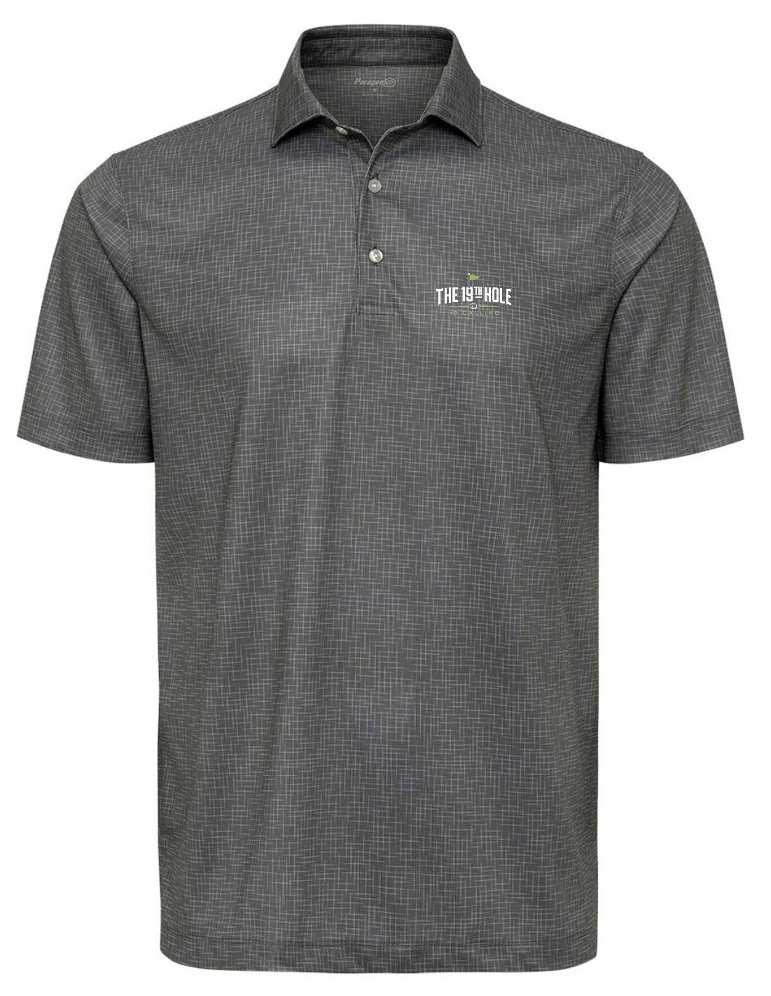 A dark grey short sleeve Premium Golf Performance Polo featuring THE 19th HOLE IS CALLING design from Where We Play Apparel