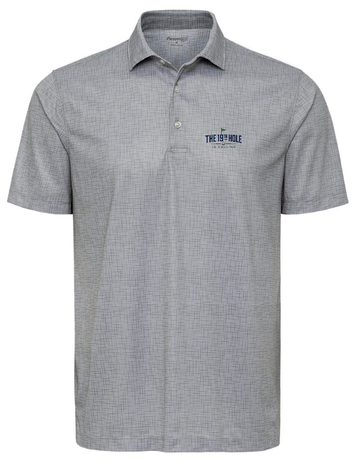 A light grey short sleeve Premium Golf Performance Polo featuring THE 19th HOLE IS CALLING design from Where We Play Apparel