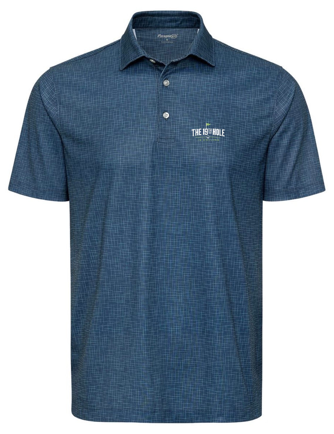 A navy short sleeve Premium Golf Performance Polo featuring THE 19th HOLE IS CALLING design from Where We Play Apparel