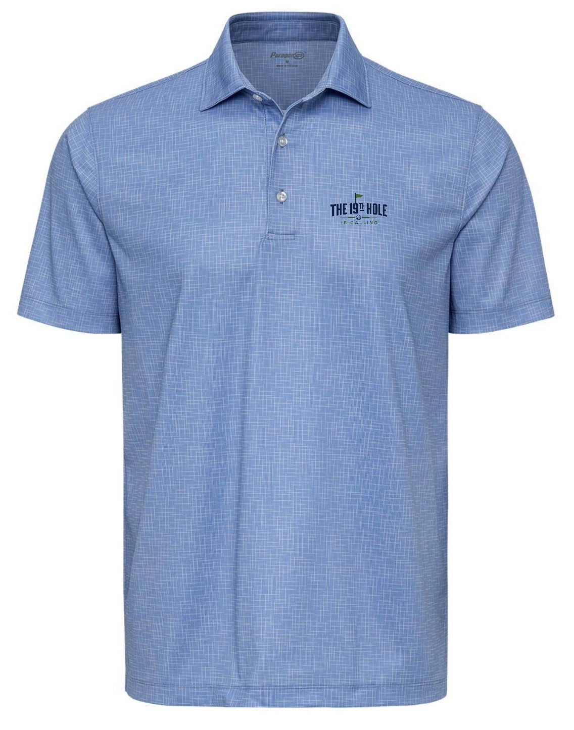 A light blue short sleeve Premium Golf Performance Polo featuring THE 19th HOLE IS CALLING design from Where We Play Apparel