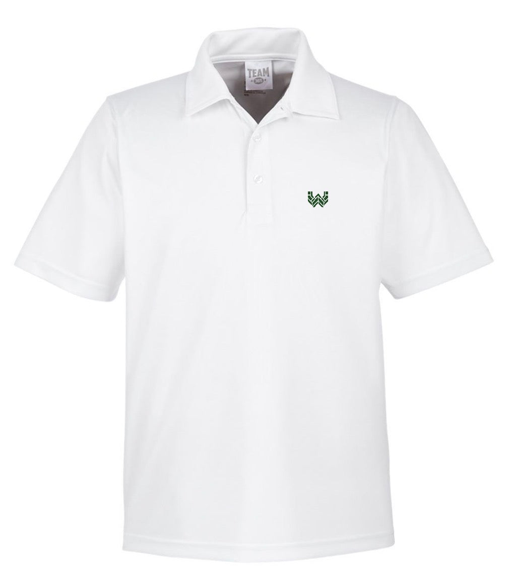 A white Performance Polo featuring the Where We Play Apparel “W” logo printed on the left chest
