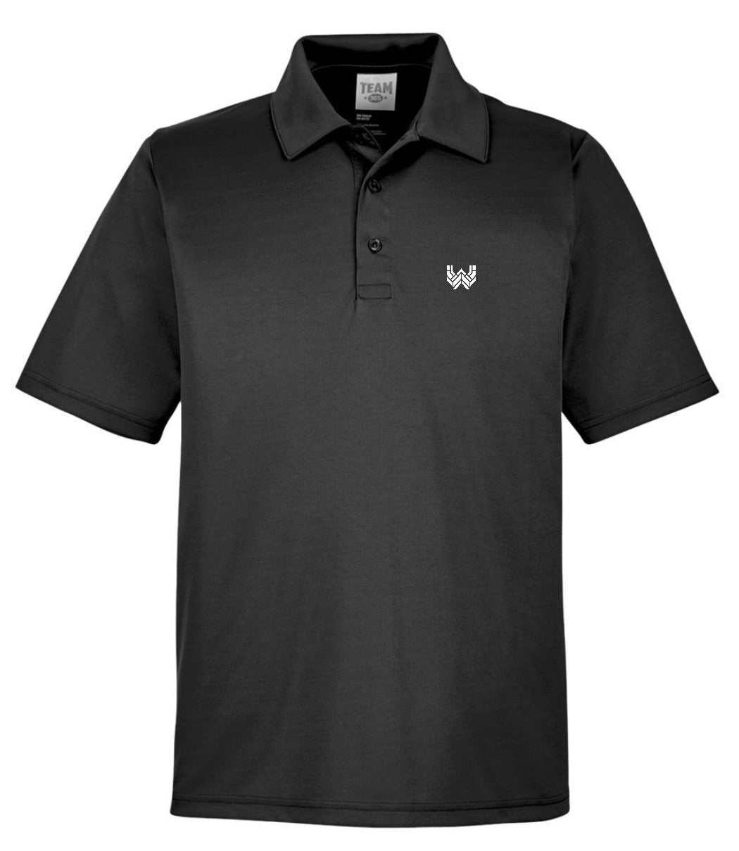 A black Performance Polo featuring the Where We Play Apparel “W” logo printed on the left chest