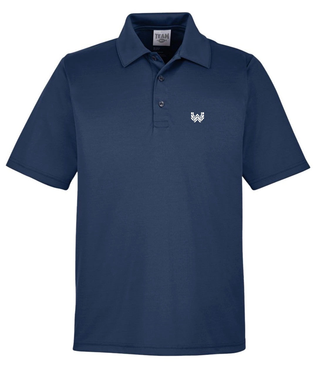 A navy blue Performance Polo featuring the Where We Play Apparel “W” logo printed on the left chest