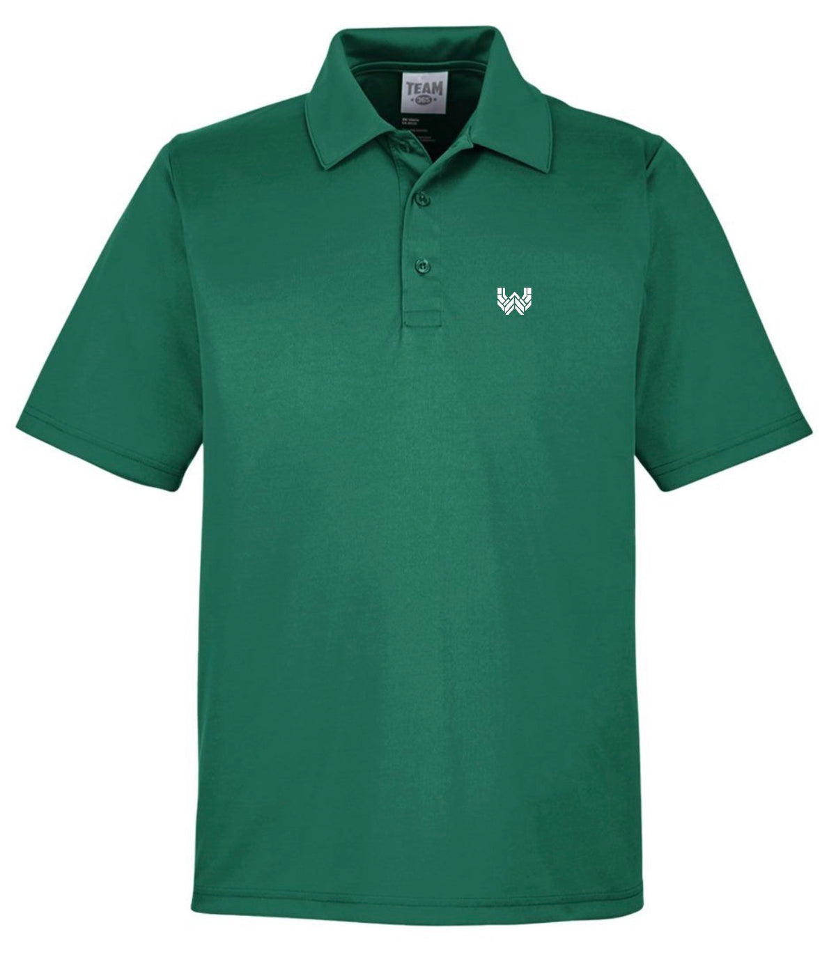 A forest green Performance Polo featuring the Where We Play Apparel “W” logo printed on the left chest