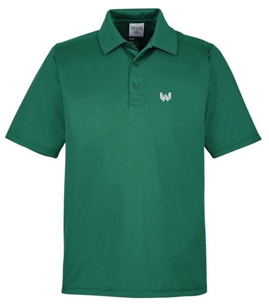 A forest green Performance Polo featuring the Where We Play Apparel “W” logo printed on the left chest