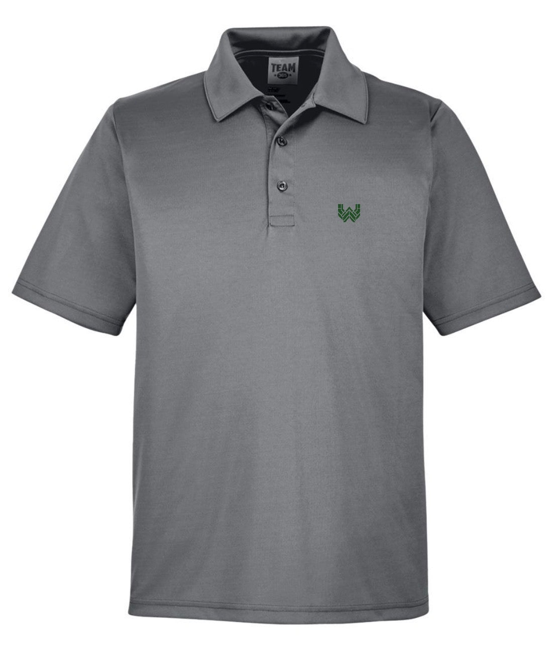 A grey Performance Polo featuring the Where We Play Apparel “W” logo printed on the left chest
