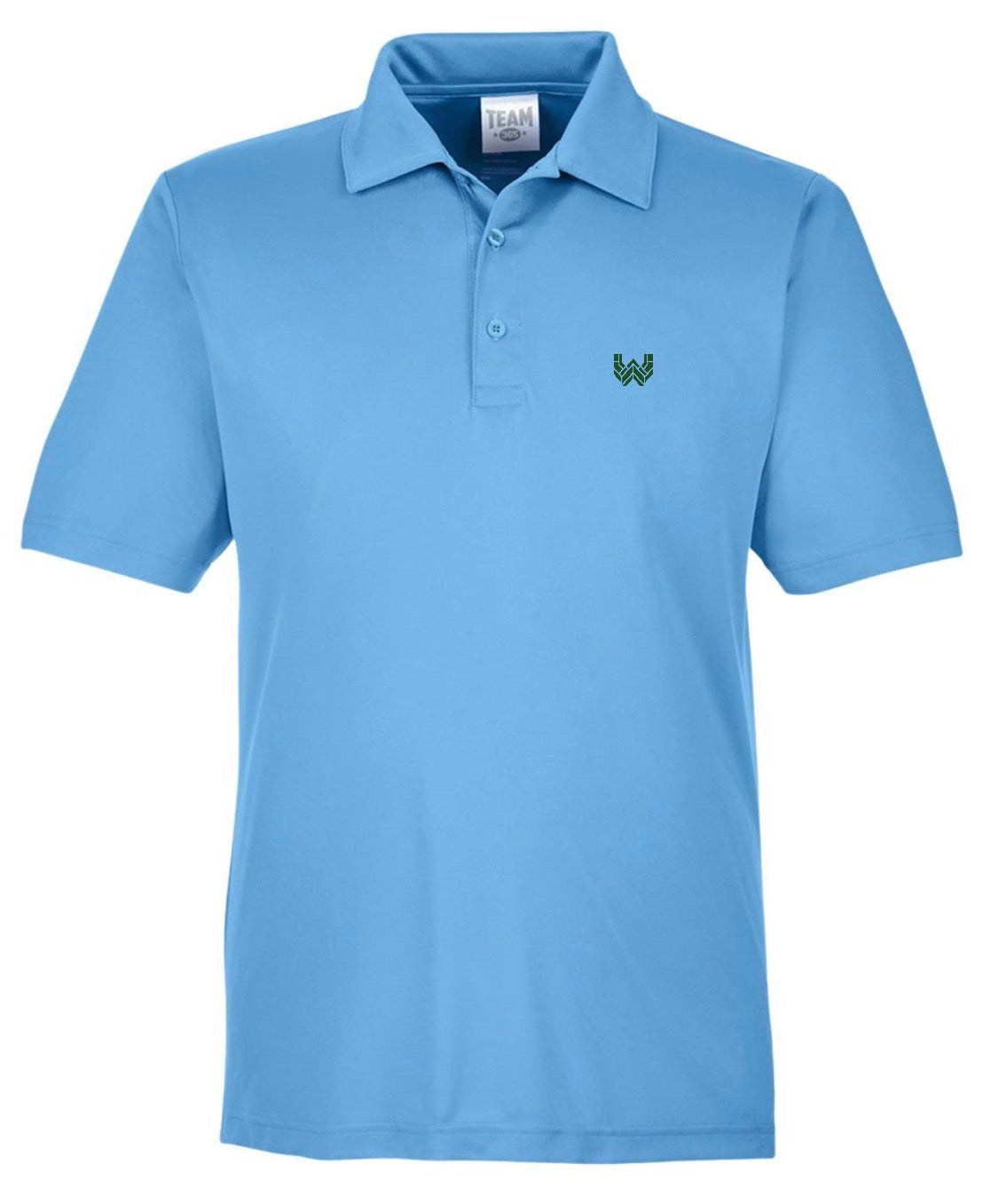 A light blue Performance Polo featuring the Where We Play Apparel “W” logo printed on the left chest