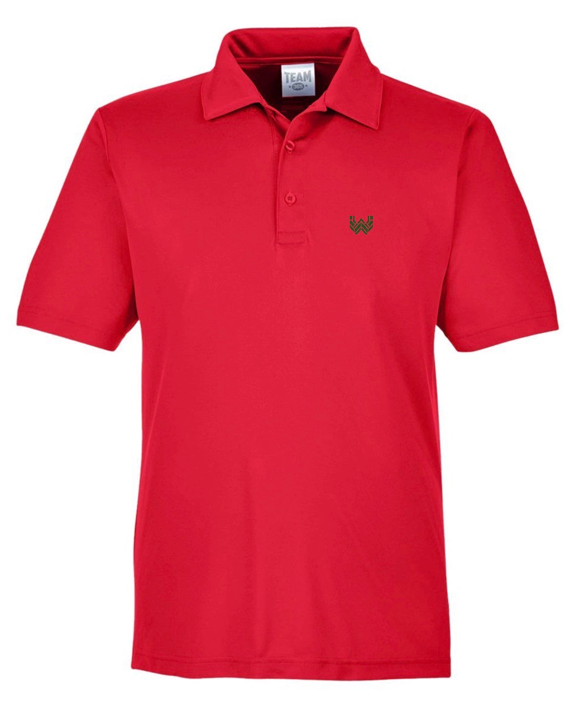 A red Performance Polo featuring the Where We Play Apparel “W” logo printed on the left chest