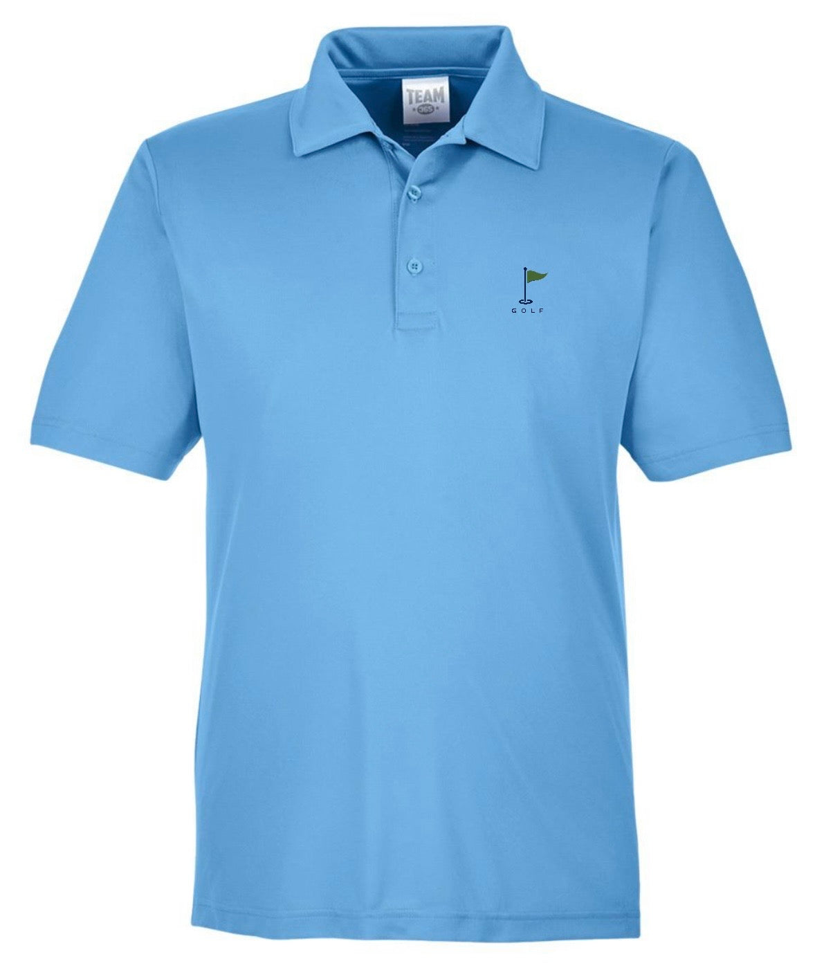 A light blue short-sleeve polo shirt with a small golf flag logo on the left chest.