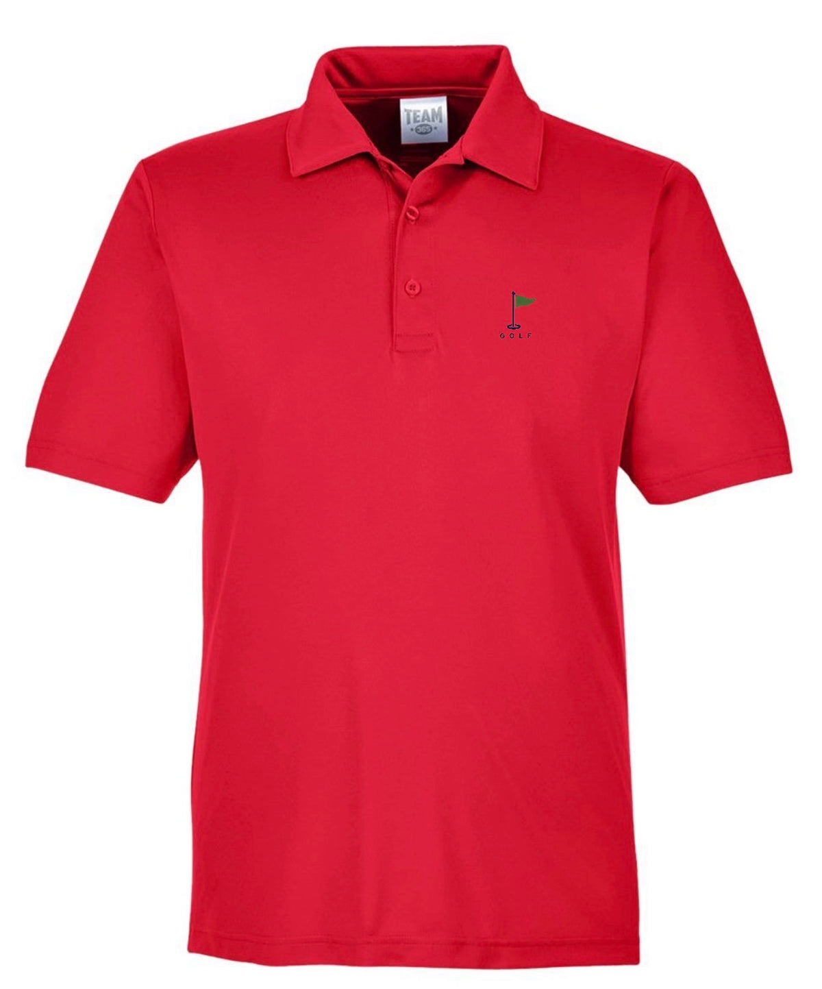 A red short-sleeve polo shirt with a small golf flag logo on the left chest.